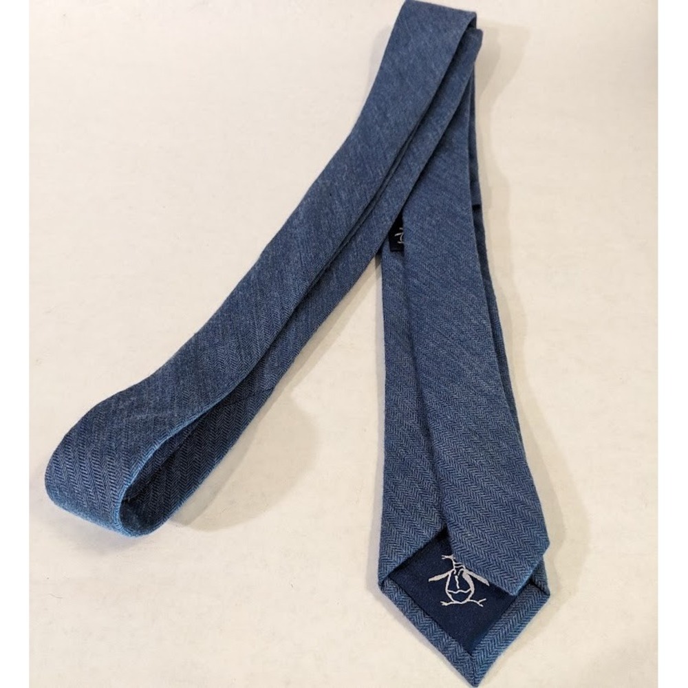Original Penguin Mens Blue Herringbone Silk Blend Slim Necktie Classic Preppy - Picture 3 of 8